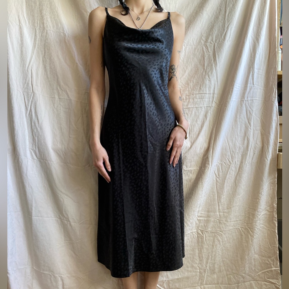 Long Forever21 black satin leopard print slip dress size XS